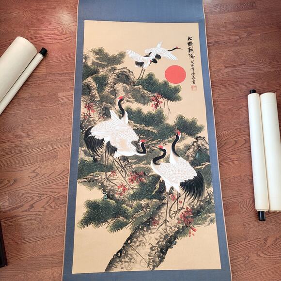 Vtg Chinese Scroll Paintings Artwork Bundle Crane Blossom Waterfall - Picture 2 of 15